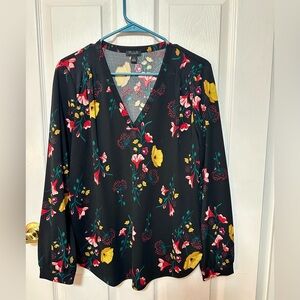 Ann Taylor Floral V-Neck Blouse - Black with Multicolor Accents Size Medium